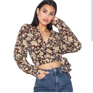 🤎💛Women’s Topshop Floral Wrap Top in Brown Floral Print Size 6